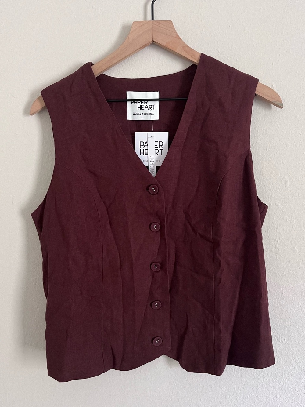 Paper Heart Women's Chocolate Brown Vest Size Large Linen NWT Button V-Neck